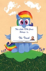Size: 1400x2154 | Tagged: safe, edit, idw, rainbow dash, pegasus, pony, g4, spoiler:comic, spoiler:comic41, book belongs to, c:, cute, dashabetes, into the trash it goes, looking at you, meme, mouth hold, mouthpiece, nom, penn fraser jillette, smiling, spread wings, underhoof