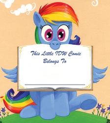 Size: 1207x1349 | Tagged: safe, artist:andy price, idw, rainbow dash, g4, spoiler:comic, spoiler:comic41, bibliovore, book, book belongs to, c:, cute, dashabetes, female, looking at you, mouth hold, nom, raised leg, sitting, smiling, solo, spread wings, underhoof