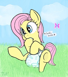 Size: 653x734 | Tagged: safe, artist:oliver-england, artist:skitter, fluttershy, g4, adult foal, brainwashed, diaper, discussion in the comments, drool, female, hoof sucking, mental regression, non-baby in diaper, plagiarism, poofy diaper, solo, trace