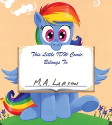 Size: 1207x1349 | Tagged: safe, artist:andypriceart, edit, idw, rainbow dash, g4, spoiler:comic, spoiler:comic41, book, book belongs to, c:, looking at you, m.a. larson, mouth hold, nom, photoshop, sitting, smiling, underhoof