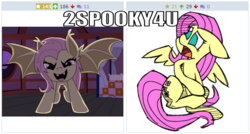 Size: 515x276 | Tagged: safe, fluttershy, bat pony, pony, derpibooru, g4, exploitable meme, flutterbat, juxtaposition, juxtaposition win, meme, meta, scared, sitting, text