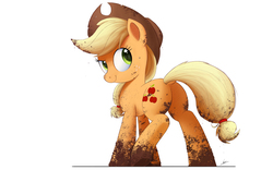 Size: 4000x2500 | Tagged: safe, artist:ncmares, applejack, earth pony, pony, g4, applebutt, butt, cute, dirty, dock, female, looking back, mare, mud, muddy, ncmares is trying to murder us, plot, smiling, smirk, solo