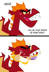 Size: 800x1184 | Tagged: safe, artist:queencold, garble, dragon, g4, comic, egg, gross, male, simple background, solo, teenaged dragon