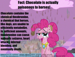 Size: 936x714 | Tagged: safe, screencap, pinkie pie, earth pony, pony, g4, the return of harmony, buzzkill, chaos, chocolate, chocolate rain, cloud, cotton candy, cotton candy cloud, discorded landscape, drinking, element of laughter, fact, female, food, mare, open mouth, purple sky, rain, solo, theobromine