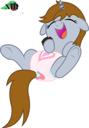 Size: 1178x1692 | Tagged: safe, artist:mlpcutepic, edit, oc, oc only, oc:littlepip, pony, unicorn, fallout equestria, diaper, diaper edit, eyes closed, fanfic, fanfic art, female, floppy ears, hooves, horn, non-baby in diaper, on back, open mouth, pipbuck, simple background, solo, underhoof, white background