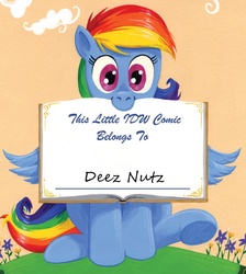 Size: 1207x1349 | Tagged: safe, artist:andypriceart, idw, rainbow dash, g4, spoiler:comic, spoiler:comic41, book belongs to, deez nuts