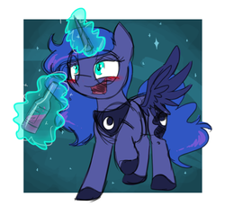 Size: 1002x958 | Tagged: safe, artist:estrill, princess luna, alicorn, pony, g4, alcohol, blushing, drunk, drunk luna, female, levitation, magic, mare, solo, telekinesis