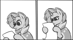 Size: 2701x1486 | Tagged: safe, artist:rivibaes, sunburst, pony, unicorn, g4, black and white, confused, edgar allan poe, frown, glare, grayscale, hark a vagrant, high res, hoof hold, male, monochrome, ponified, reaction image, reading, scroll, simple background, solo, stallion, what the fuck am i reading, white background