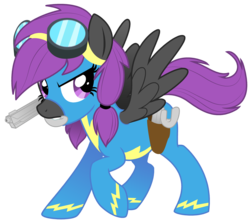 Size: 2268x2013 | Tagged: safe, artist:lostinthetrees, oc, oc only, oc:lightning rain, gun, high res, mouth hold, pistol, solo, weapon, wonderbolts uniform