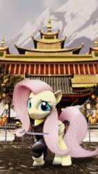 Size: 1080x1920 | Tagged: safe, artist:flutterdaz, fluttershy, g4, 3d, bottomless, clothes, japan, mountain, partial nudity, prehensile mane, raised hoof, source filmmaker, sweater, sweatershy, sword, temple, weapon