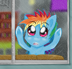 Size: 1476x1417 | Tagged: safe, artist:jj-snake, rainbow dash, g4, female, filly, filly rainbow dash, rain, solo, window