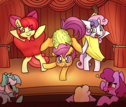 Size: 2000x1700 | Tagged: safe, artist:ratiodaze, apple bloom, berry punch, berryshine, dinky hooves, lyra heartstrings, scootaloo, sweetie belle, earth pony, pegasus, pony, unicorn, g4, apple, balancing, banana, bipedal, blushing, clothes, costume, cutie mark crusaders, drunk, drunk bubbles, durian, ear fluff, female, filly, food, grin, handstand, mare, open mouth, play, popcorn, smiling, stage