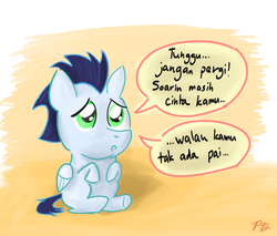 Size: 841x716 | Tagged: safe, artist:pacificgreen, soarin', pony, g4, bahasa indonesia, colt, cute, indonesian, male, sad, soarinbetes, solo, speech bubble, translated in the description, younger