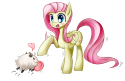 Size: 4092x2673 | Tagged: safe, artist:roshichen, fluttershy, pegasus, pony, poro, g4, blush sticker, blushing, crossover, cute, duo, heart, league of legends, open mouth, open smile, raised hoof, simple background, smiling, tongue out, transparent background