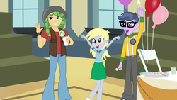 Size: 1280x720 | Tagged: safe, screencap, derpy hooves, micro chips, sandalwood, equestria girls, g4, my little pony equestria girls: friendship games, adorkable, cute, dork