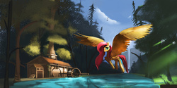 Size: 1264x632 | Tagged: safe, artist:auroriia, fluttershy, g4, female, flying, forest, river, scenery, solo, watermill