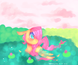 Size: 3600x3000 | Tagged: safe, artist:bunxl, fluttershy, g4, female, floppy ears, high res, lake, lilypad, solo, swimming