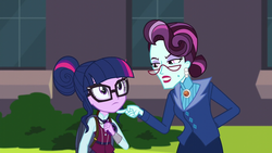 Size: 1280x720 | Tagged: safe, screencap, principal abacus cinch, sci-twi, twilight sparkle, equestria girls, g4, my little pony equestria girls: friendship games, clothes, crystal prep academy uniform, eye contact, finger under chin, frown, glare, glasses, gritted teeth, hair bun, magic capture device, principal and student, school uniform, wide eyes