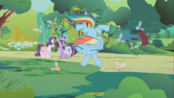 Size: 1280x720 | Tagged: safe, screencap, rainbow dash, rarity, twilight sparkle, parasprite, g4, swarm of the century, great moments in animation