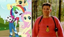 Size: 645x381 | Tagged: safe, applejack, fluttershy, rainbow dash, equestria girls, g4, clothes, comic, cutie mark, food, grucha, nickname, pear, sweater