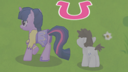 Size: 1136x640 | Tagged: safe, gameloft, truffle shuffle, twilight sparkle, g4, app, butt, clothes, eyes on the prize, plot, ponyville, skirt
