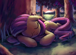 Size: 4797x3426 | Tagged: safe, artist:inowiseei, fluttershy, pegasus, pony, g4, absurd resolution, cute, eyes closed, female, folded wings, forest, mare, nature, outdoors, shyabetes, sleeping, solo, sunrise, tree, wings