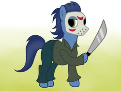 Size: 3648x2736 | Tagged: safe, artist:php100, grayson eddy, earth pony, pony, g4, scare master, clothes, costume, high res, jason voorhees, machete, male, mask, nightmare night costume, solo, stallion