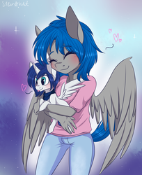 Size: 2200x2700 | Tagged: safe, artist:silbersternenlicht, oc, oc only, oc:prince nova, alicorn, pegasus, pony, anthro, blue mane, clothes, cute, duo, eyes closed, heart, high res, holding, holding a pony, pants, shirt, size difference, spread wings, t-shirt, tongue out, wings