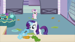 Size: 1920x1080 | Tagged: safe, screencap, rarity, sweetie belle, pony, unicorn, g4, sisterhooves social, carrot, female, food, glowing horn, horn, knife, magic, mare, rarity looking at food, telekinesis