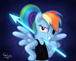 Size: 1600x1300 | Tagged: safe, artist:tina-de-love, rainbow dash, g4, clothes, crossover, female, ponytail, rainbowdyne, solo, spear, undertale, undyne, weapon