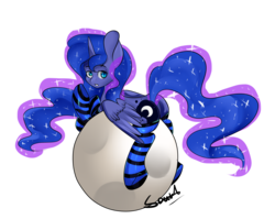 Size: 3436x2737 | Tagged: safe, artist:the---sound, princess luna, g4, butt, clothes, female, high res, moon, moonbutt, plot, prone, socks, solo, striped socks, tangible heavenly object