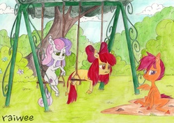 Size: 3437x2436 | Tagged: safe, artist:raiwee, apple bloom, scootaloo, sweetie belle, g4, cutie mark crusaders, frustrated, high res, lidded eyes, swing, traditional art, trio