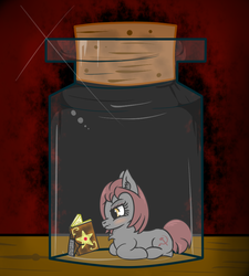 Size: 820x912 | Tagged: safe, artist:lazerblues, oc, oc only, oc:veronika, earth pony, pony, bottle, palindrome get, pony in a bottle, ponyloaf, solo