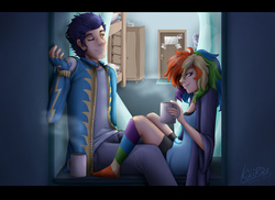 Size: 2200x1600 | Tagged: safe, artist:monnarcha, rainbow dash, soarin', human, g4, bedroom, bunk bed, clothes, cold, cup, drink, fingerless gloves, gloves, humanized, one eye closed, pants, rainbow socks, signature, socks, story in the source, striped socks