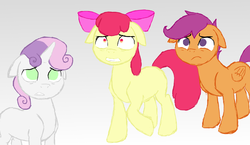 Size: 2000x1160 | Tagged: safe, artist:x-bond-of-flame-x, apple bloom, scootaloo, sweetie belle, g4, on your marks, cutie mark crusaders, floppy ears, missing cutie mark, scene interpretation, simple background, sketch