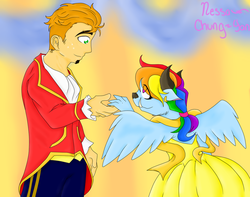 Size: 1007x794 | Tagged: safe, artist:tomcolt15, big macintosh, rainbow dash, human, g4, beauty and the beast, belle, crossover, female, humanized, male, ship:rainbowmac, shipping, straight