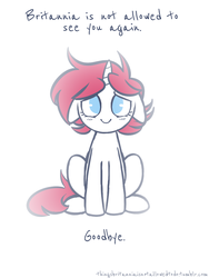 Size: 900x1200 | Tagged: safe, artist:hawthornss, oc, oc only, oc:britannia, pony, unicorn, b.u.c.k., b.u.c.k. 2016, things britannia is not allowed to do, c:, cute, fading, feels, female, floppy ears, glowing, goodbye, lidded eyes, light, looking at you, mare, mascot, ocbetes, sad, sadorable, simple background, smiling, solo, text, white background