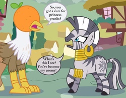 Size: 1600x1236 | Tagged: safe, artist:mlp-silver-quill, zecora, oc, oc:silver quill, classical hippogriff, hippogriff, zebra, g4, food, implied twilight sparkle, orange, ponyville, pun, visual pun
