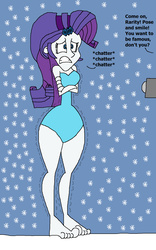 Size: 1065x1709 | Tagged: safe, artist:hunterxcolleen, rarity, human, equestria girls, g4, barefoot, camera, clothes, cold, feet, female, forced, freezing, freezing fetish, humanized, ms paint, one-piece swimsuit, peer pressure, shivering, snow, snowfall, snowflake, solo, swimsuit, talking, this will end in death