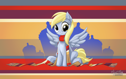 Size: 2560x1600 | Tagged: safe, artist:mysticalpha, derpy hooves, pegasus, pony, g4, clothes, doctor who, female, fourth doctor's scarf, mare, scarf, sitting, smiling, solo, spread wings, striped scarf, wallpaper