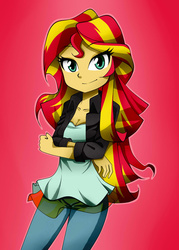 Size: 1000x1400 | Tagged: safe, artist:nekojackun, sunset shimmer, human, equestria girls, g4, clothes, crossed arms, cute, female, leather jacket, looking at you, pants, red background, shimmerbetes, simple background, solo