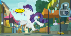 Size: 2481x1281 | Tagged: safe, edit, edited screencap, screencap, lucky breaks, neigh sayer, pegasus olsen, peggy holstein, rarity, g4, the gift of the maud pie, behaving like a dog, behaving like pinkie pie, discovery family logo, frisbee