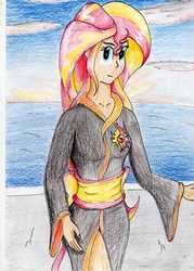 Size: 2472x3456 | Tagged: safe, artist:40kponyguy, derpibooru exclusive, sunset shimmer, equestria girls, g4, clothes, cutie mark on clothes, female, high res, kimono (clothing), looking at you, solo, traditional art