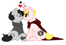 Size: 1628x1116 | Tagged: safe, artist:micky-ann, blushing, boop, cape, clothes, dave strider, davekat, gay, homestuck, karkat vantas, male, noseboop, ponified, quadrant shipping, shipping, sunglasses, sweater