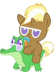 Size: 836x1067 | Tagged: safe, artist:red4567, gummy, trenderhoof, pony, g4, baby, baby pony, cute, glasses, pacifier, ponies riding gators, recolor, riding, trenderhoof riding gummy, weapons-grade cute