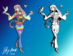 Size: 1024x789 | Tagged: safe, artist:penspark, fluttershy, human, g4, digital art, female, gradient background, hippie, hippieshy, humanized, sandals, signature, solo