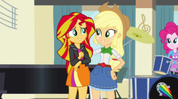 Size: 1280x714 | Tagged: safe, screencap, applejack, pinkie pie, sunset shimmer, equestria girls, g4, my little pony equestria girls: rainbow rocks, clothes, comfort, cute, drum kit, drums, embrace, hug, looking at each other, musical instrument, rainbow, skirt, sunset shimmer's skirt, thousand yard stare