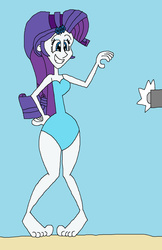 Size: 1024x1577 | Tagged: safe, artist:hunterxcolleen, rarity, human, equestria girls, g4, beach, blue swimsuit, camera, clothes, feet, female, humanized, i'm a little teapot, one-piece swimsuit, pose, smiling, solo, swimsuit, teapot