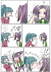 Size: 1191x1684 | Tagged: source needed, safe, artist:unousaya, aria blaze, sonata dusk, equestria girls, g4, rainbow rocks, :<, accidental kiss, angry, annoyed, blushing, clothes, comic, cute, dodge, duo, embarrassed, exclamation point, fast, faster than you know, female, food, frown, glare, heart, japanese, japanese reading order, kiss on the lips, kissing, lesbian, lidded eyes, open mouth, pictogram, pocky, punch, question mark, ship:arisona, shipping, smiling, speech bubble, sweat, tsundaria, tsundere, unamused, wavy mouth, wide eyes