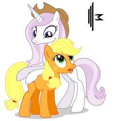 Size: 856x851 | Tagged: safe, artist:larsurus, part of a set, applejack, fleur-de-lis, g4, accessory swap, apple-lis, crack shipping, female, fleur-de-jack, flirting, lesbian, shipping, simple background, vector, white background